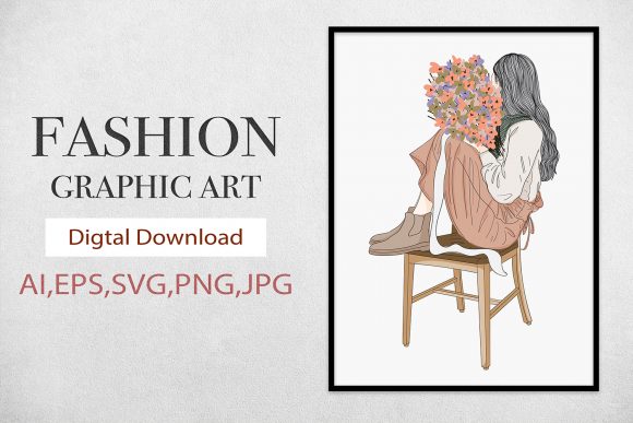 Download WallArt,Girl Holding Flowers on a Chair - Wallart Collection